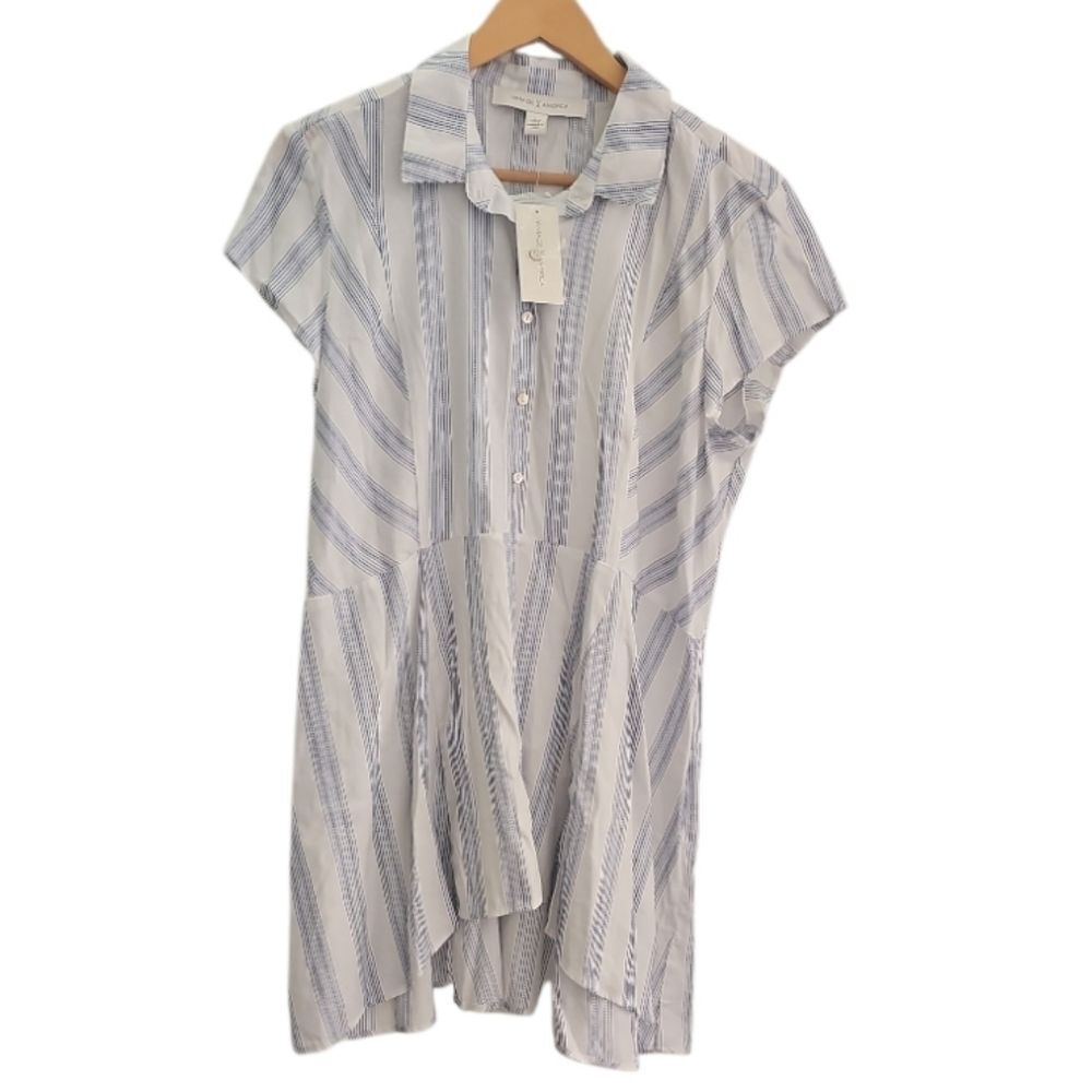 Vintage America Striped Tunic Top Women L NWT Blue White Coastal Beach Blouse
